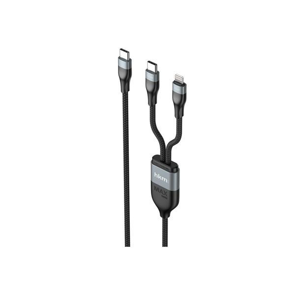 hkm tech DUO POWER 100W Çift Uçlu, Type-C to Lightning + Type-C Şarj Kablosu, Örgü Tasarım, 1.2 metre, Siyah - Image 1