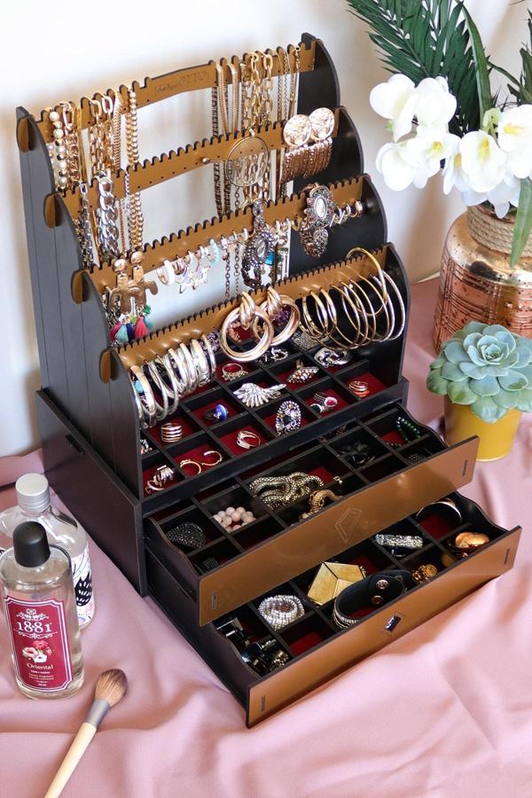Diamond Large Organizer Kozmetik Makyaj Kolye Küpe Yüzük Takı Kutusu Düzenleyici Siyah Gold - Image 1