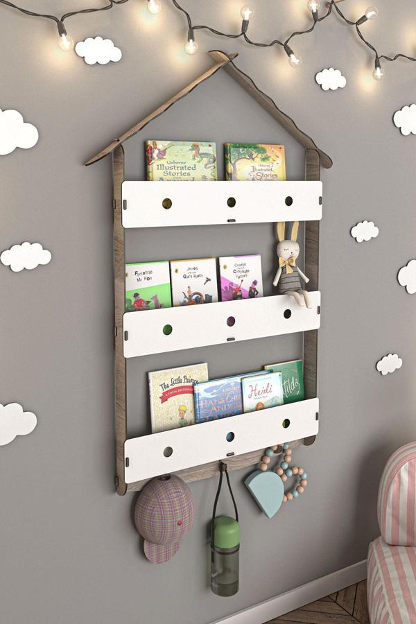 Çatılı Askılı Ahşap Eğitici Montessori Çocuk Odası Kitaplık - Image 1