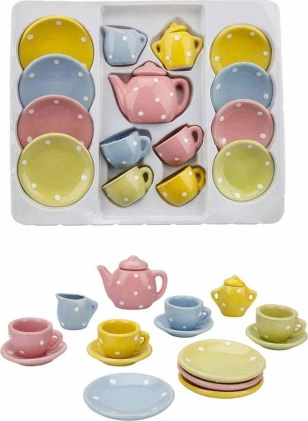 Sunman 17 Parça Renkli Puantiyeli Porselen Çay Takımı Oyuncak Evcilik Seti - Image 1