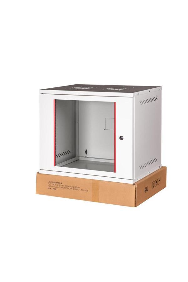 Lande - 9U 19" Cam Kapaklı Duvar Tipi Rack Kabinet – Genişlik:540 Mm | Derinlik:400 Mm– Açık Gri (Demonte) - Image 1