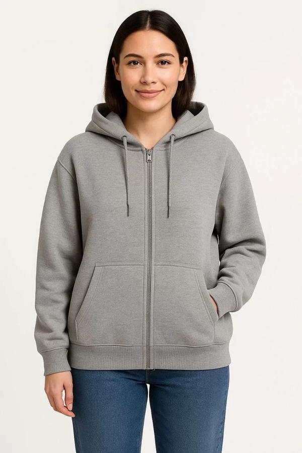 Kadın Üç İplik Kapüşonlu Tam Fermuarlı Kanguru Çepli SweatShirt Hoodie - Gri - Image 1