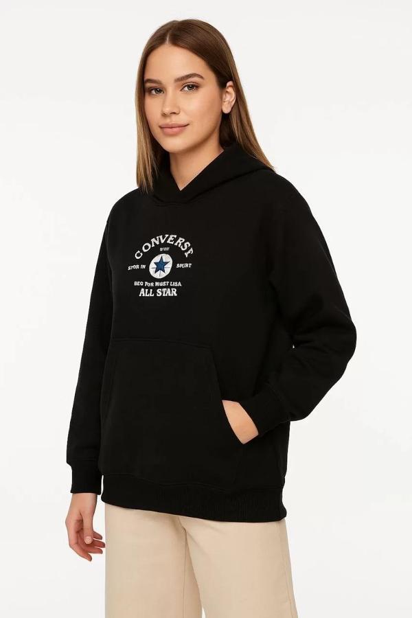 Üç İplik Kapşonlu ön ve Arka Baskılı SweatShirt hoodie- Siyah - Image 1