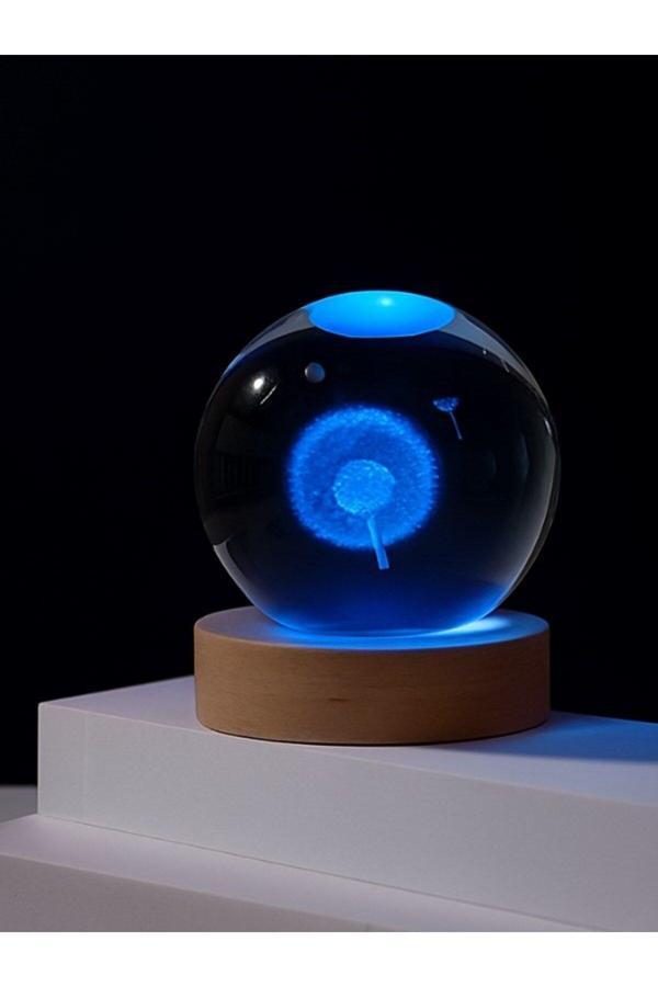 Ledli USB'li Ahşap Standlı Karahindiba Temalı Kristal Küre Renkli RGB LED 3D Oda Masa Gece Lambası - Image 1
