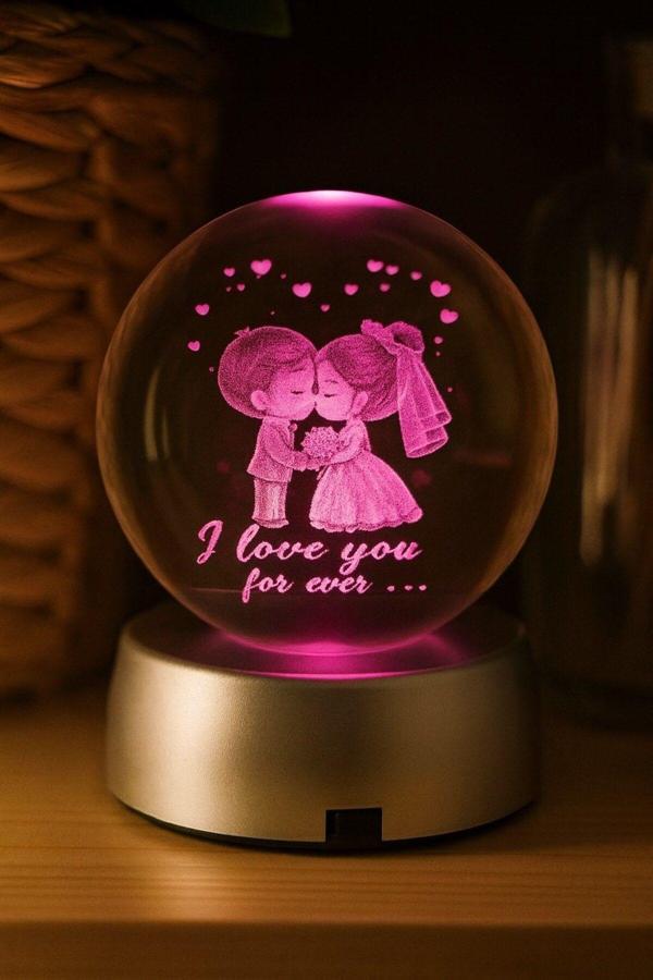 Ledli USB'li Plastik Standlı Sevgili Çiftler I Love You Forever Kristal Küre Renkli RGB Led 3D Lamba - Image 1