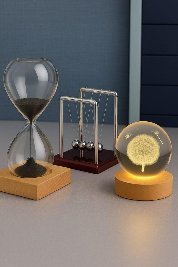 Ofisinize 3’lü Masaüstü Dekorasyonu USB'li Led Işıklı Karahindiba Küre Kum Saati Newton Balans Hedye - Image 1