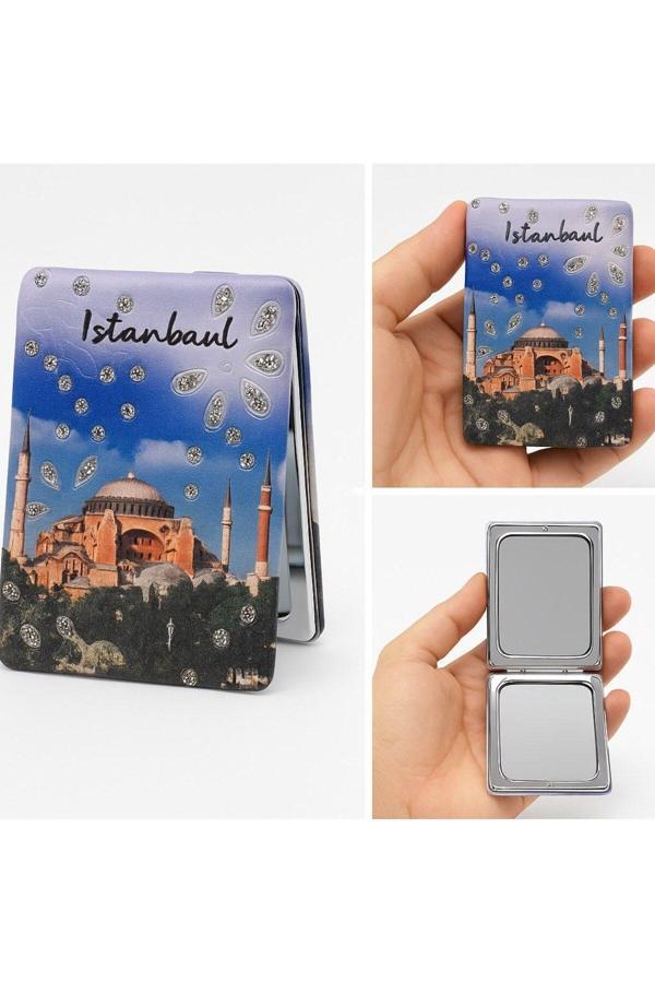 Anılarla Dolu İstanbul Hatırası Işıltılı Taşlı Cami Temalı Katlanabilir Mini Makyaj Cep Aynası - Image 1