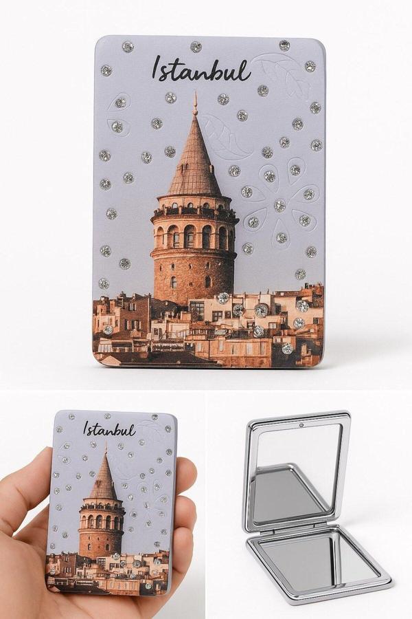 Anılarla Dolu İstanbul Hatırası Işıltılı Taşlı Galata Kulesi Katlanabilir Mini Makyaj Cep Aynası - Image 1