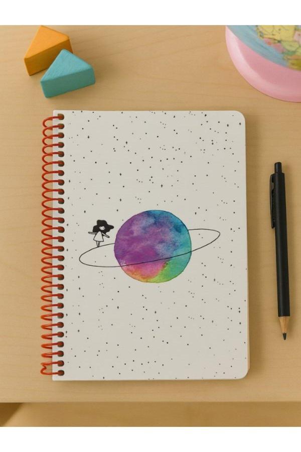 Öğrenci ve Ofis Kullanımı İçin Uygun Satürn Kız Temalı Spiralli Çizgili Defter  80 Yaprak - Image 1