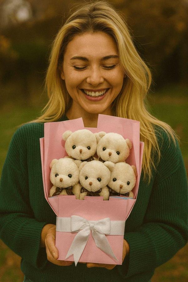 5’li Sevimli Bej Peluş Ayıcıklar Buketi Sevgiliye Doğum Günü Özel Günler İçin Romantik Sürprz Hediye - Image 1