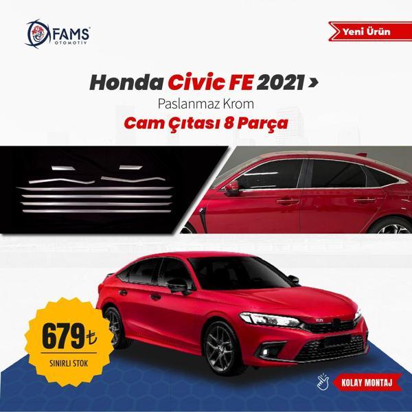 Honda Civic Uyumlu FE 2021> Cam Çıtası 8 Parça Paslanmaz Çelik - Image 1