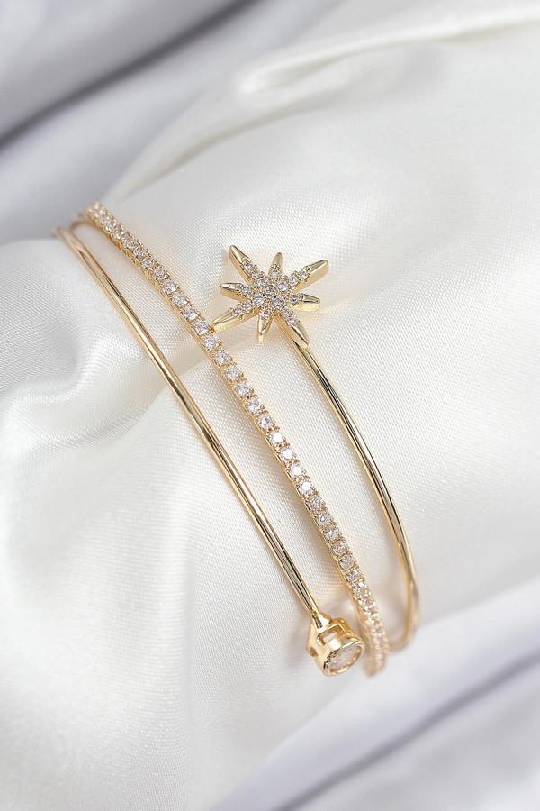 Celira Pirinç Zirkon Taşlı Kutup Yıldızı Model Gold Renk Kadın Bileklik NELW0039 - Image 1