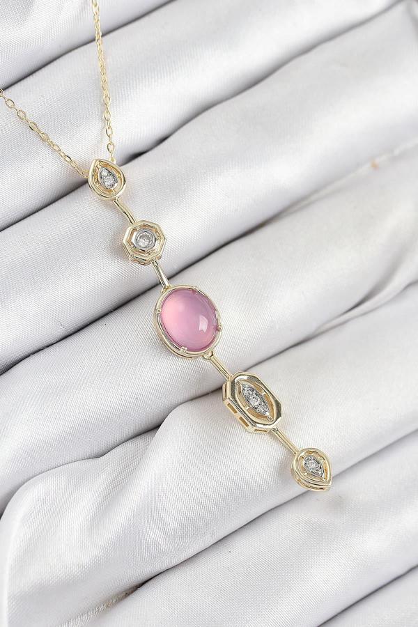 Celira Pirinç Zincir Pembe Gold Renk Zirkon Taşlı Y Kolye NELW0066 - Image 1