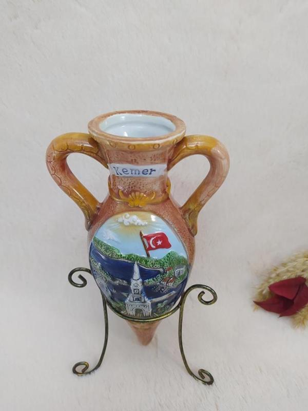 Vazo Testi Çiçeklik Amfora Kulplu Ayaklı Vazo  Kemer Yazılı Seramik - Image 1