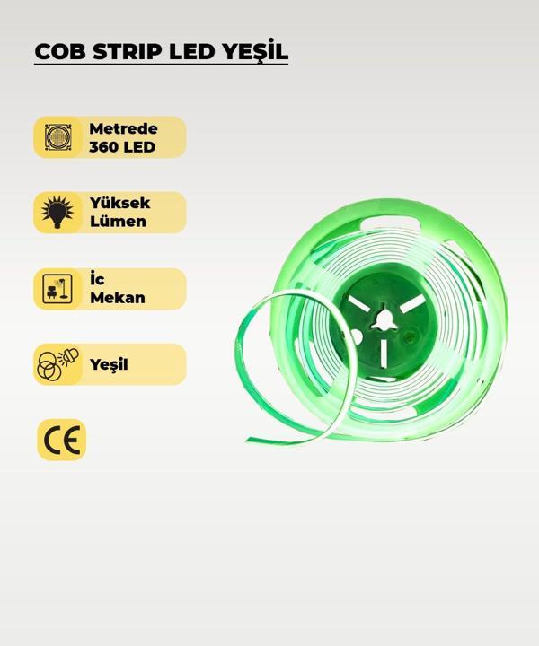 12V COB Şerit Led Yeşil Işık  - Metrede 360 Led - 5 Metre - Image 1