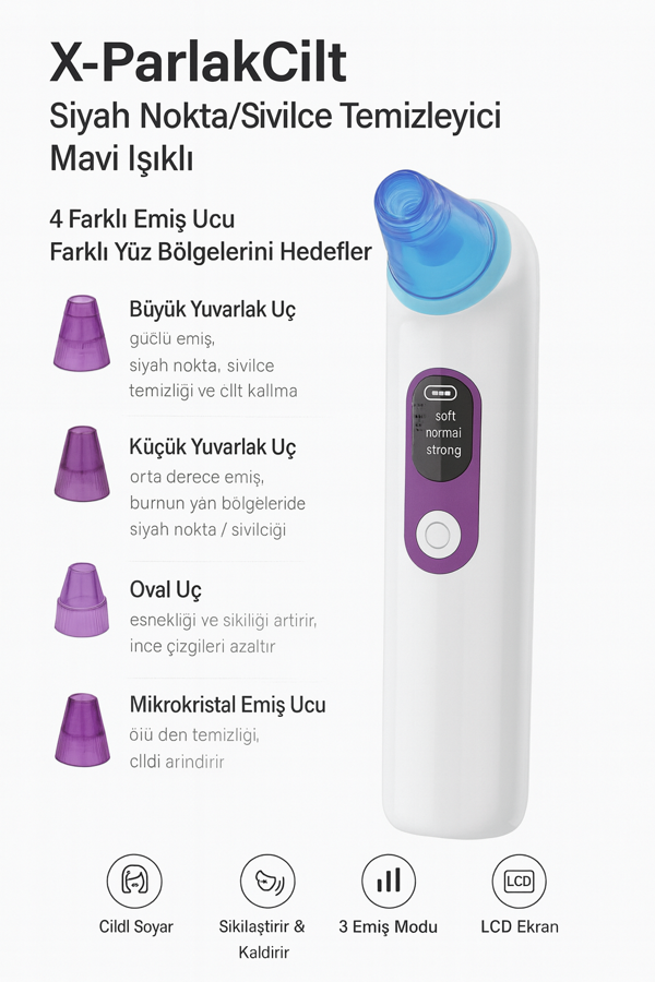 Profesyonel Mavi Işıklı Siyah Nokta ve Akne Temizleyici – 4 Başlık, 3 Emiş Modu, LCD Ekranlı - Image 1