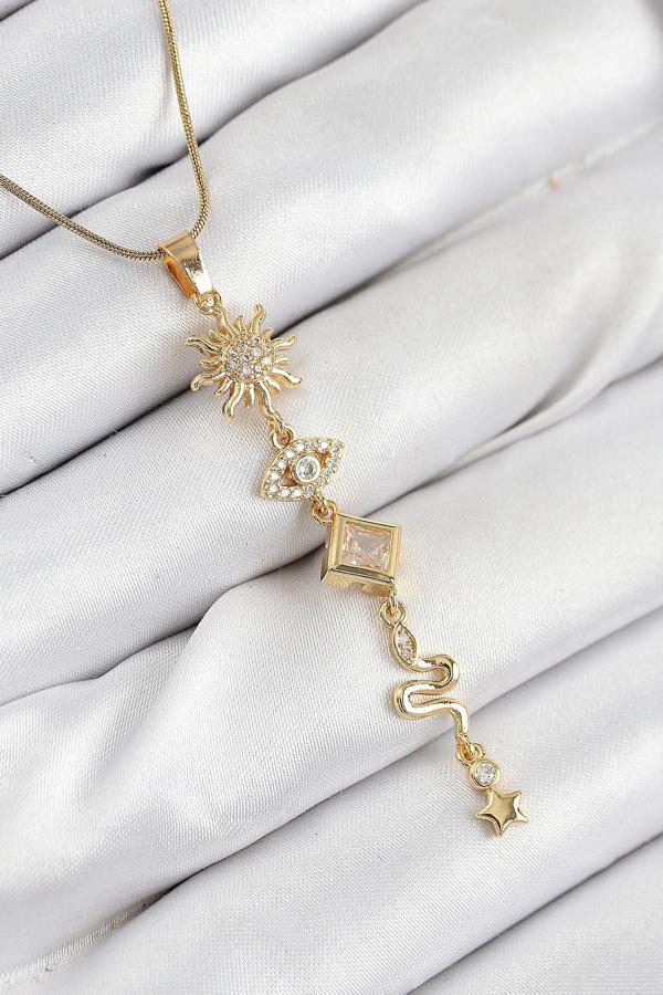 316L Çelik Zirkon Taşlı Güneş Ve Ay Enerji Model Gold Renk Kadın Kolye 10550 - Image 1
