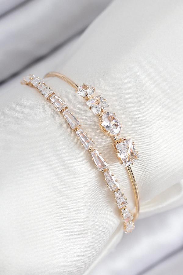 Pirinç Zirkon Taşlı Su Yolu Model Gold Renk Kadın Bileklik 7865 - Image 1