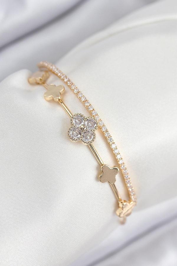 Pirinç Zirkon Taşlı Yonca Model Gold Renk Kadın Bileklik 7885 - Image 1