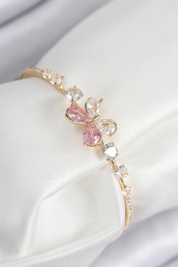 Pirinç Zirkon Taşlı Kelebek Model Gold Renk Kadın Bileklik 7853 - Image 1
