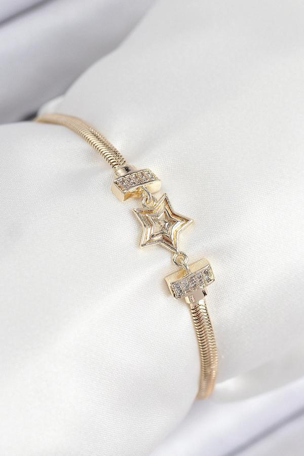 Pirinç Zirkon Taşlı Yıldız Model Gold Renk Kadın Bileklik 7903 - Image 1