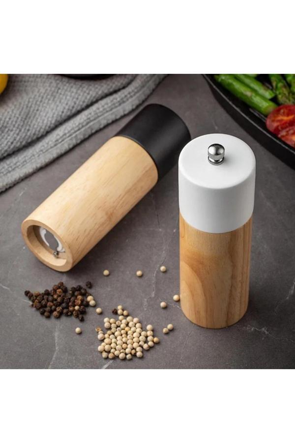 Lenscape Ahşap Baharat Karabiber Tuz Öğütücü Değirmen Tuzluk Baharatlık 16 Cm 2'Li Set Meşe Ağacı - Image 1