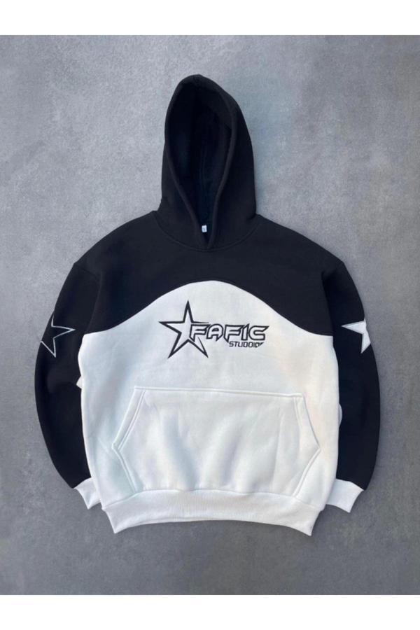 Asil Acar Home Parçalı Nakış İşlemelı Kapşonlu Sweatshirt - Siyah - Image 1