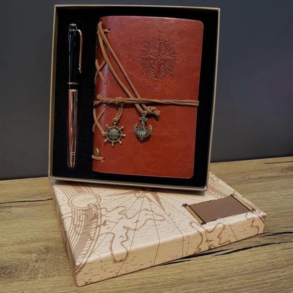 Deri Pusula Tasarımlı Defter Ve Metal Kalem Seti - Image 1