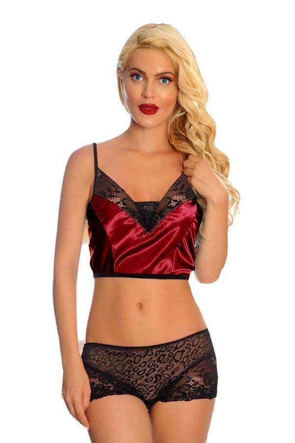 Bordo Saten Dantelli Babydoll Şortlu Takım - 288 - Image 1