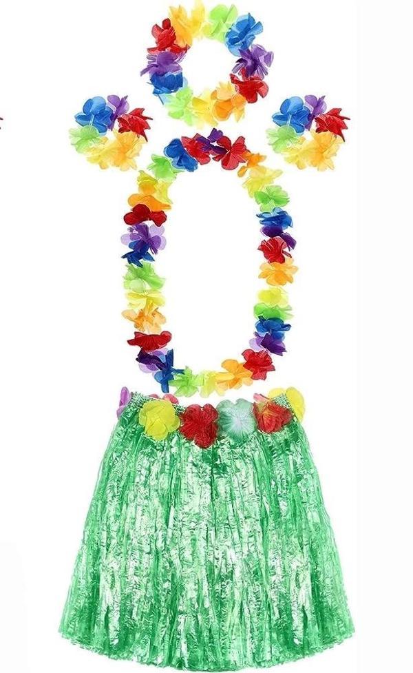 Yetişkin Ve Çocuk Uyumlu Luau Aloha Hawaii Yeşil Etek Ve Renkli Kolye Taç 2 Adet Bileklik Seti - Image 1