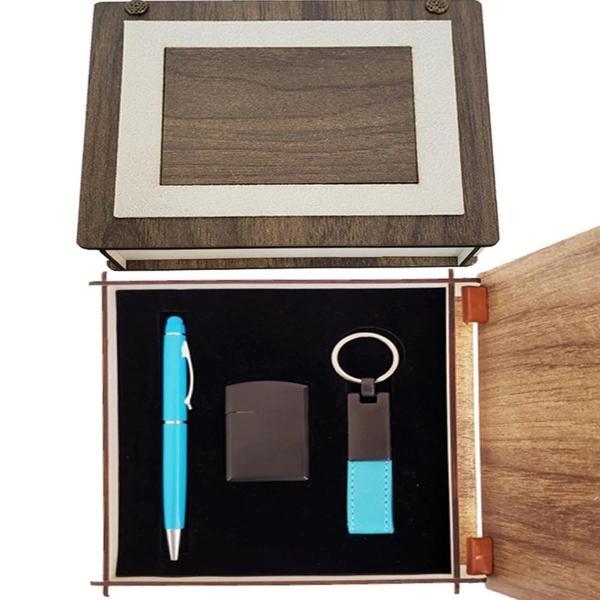 Özel Ahşap Kutulu Mavi Kalem Anahtarlık Ve Çakmak Set - Image 1