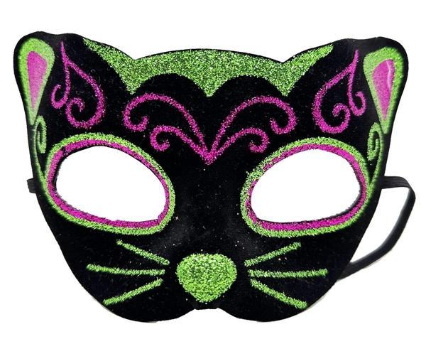 Siyah Kadife Kaplama Üzeri Pembe Yeşil Sim İşlemeli Kedi Maskesi 20x13 Cm - Image 1