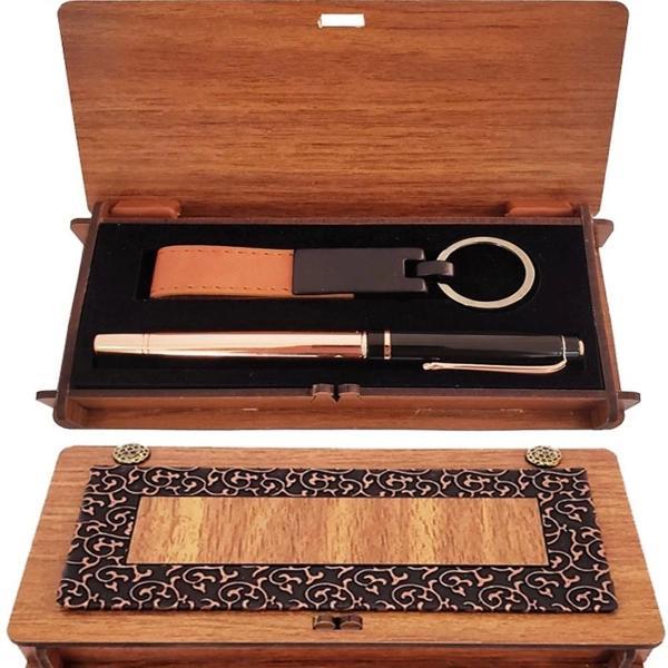Ahşap Kutulu Bakır Roller Kalem Ve Taba Anahtarlık Set - Image 1