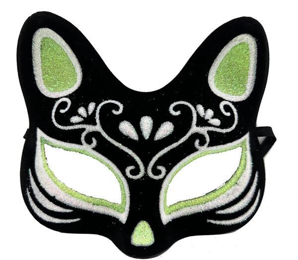 Siyah Renk Süet Kaplama Üzeri Gümüş Yeşil Simli Kedi Maskesi 17x14 Cm - Image 1