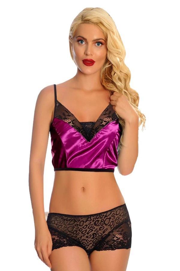 Mor Saten Dantelli Babydoll Şortlu Takım - 287 - Image 1