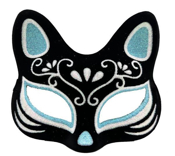 Siyah Renk Süet Kaplama Üzeri Gümüş Mavi Simli Kedi Maskesi 17x14 Cm - Image 1