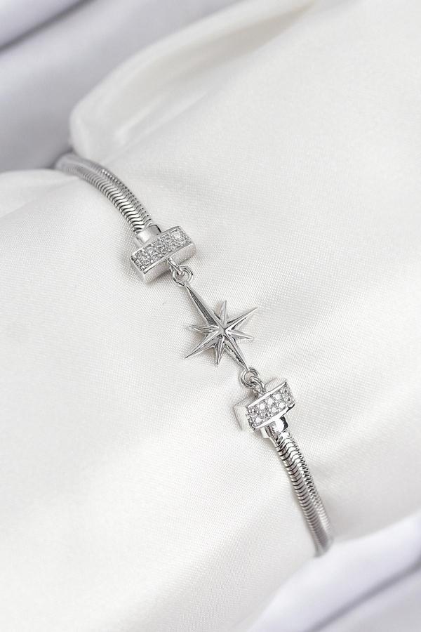Pirinç Zirkon Taşlı Kutup Yıldızı Model Gümüş Renk Kadın Bileklik - EBJ250902W37764 - Image 1