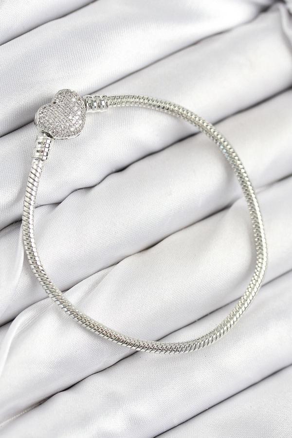 Pirinç Charm Zirkon Taşlı Kalp Model Gümüş Renk Kadın Bileklik - EBJ250902W37608 - Image 1