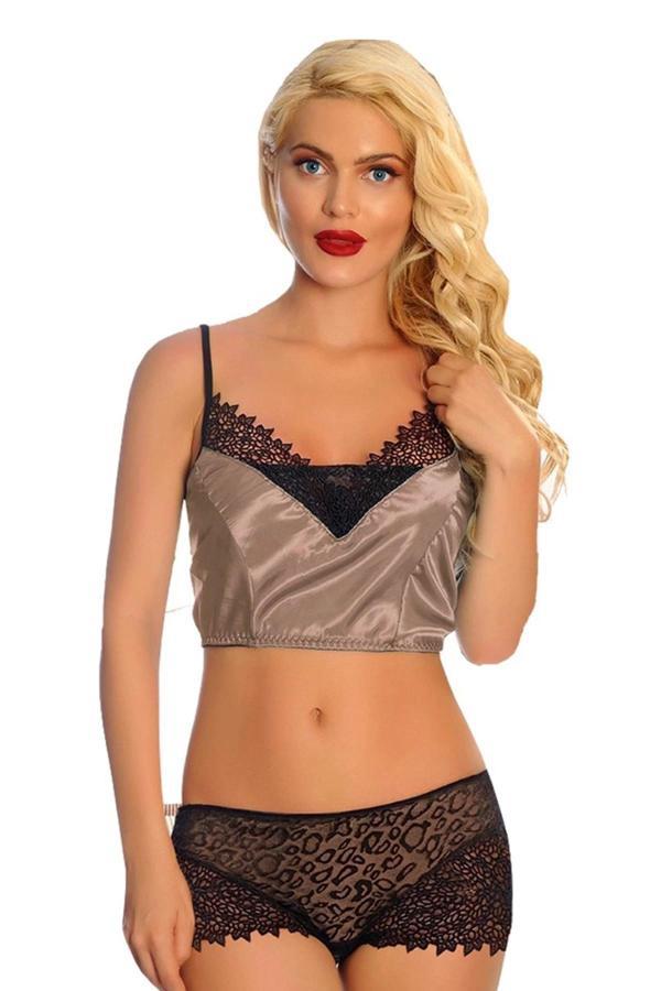 Vizon Saten Dantelli Babydoll Şortlu Takım - 289 - Image 1