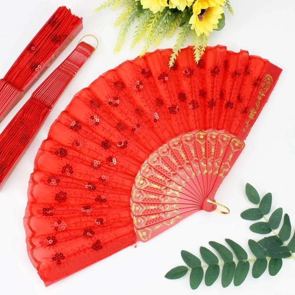 Plastik Pullu Kumaş Yelpaze 12'li Kırmızı - Image 1