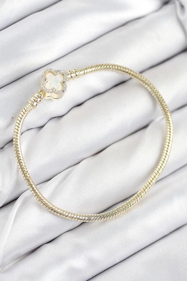 Pirinç Charm Zirkon Taşlı Yonca Model Gold Renk Kadın Bileklik - EBJ250902W37610 - Image 1