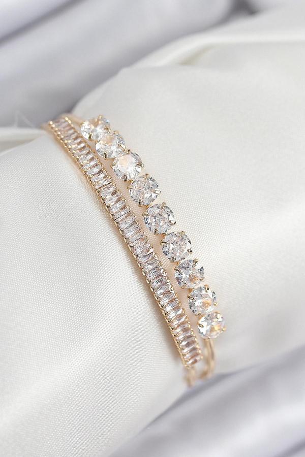 Pirinç Zirkon Taşlı Su Yolu Model Gold Renk Kadın Bileklik - EBJ250902W37717 - Image 1