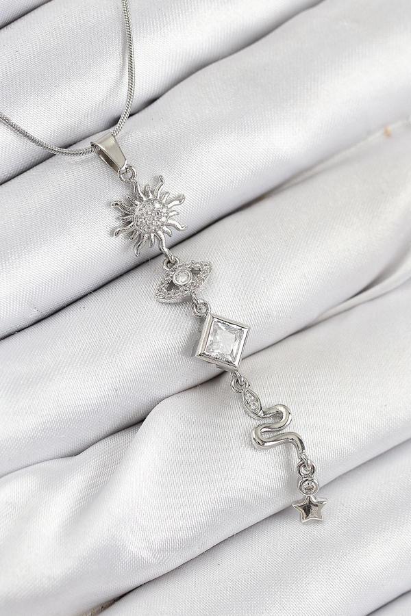 Zirkon Taşlı Güneş Ve Ay Enerji Model Gümüş Renk Kadın Kolye - EBJ250902W37771 - Image 1