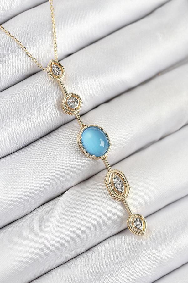 Pirinç Zincir Mavi Gold Renk Zirkon Taşlı Y Kolye - EBJ250902W37778 - Image 1
