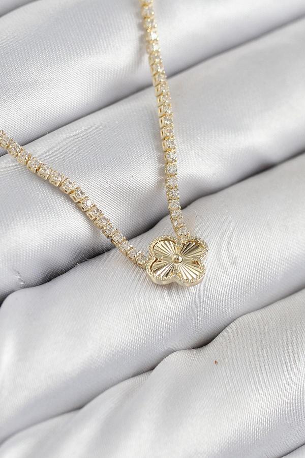Pirinç Zirkon Taşlı Yonca Model Gold Renk Kadın Kolye - EBJ250902W37582 - Image 1