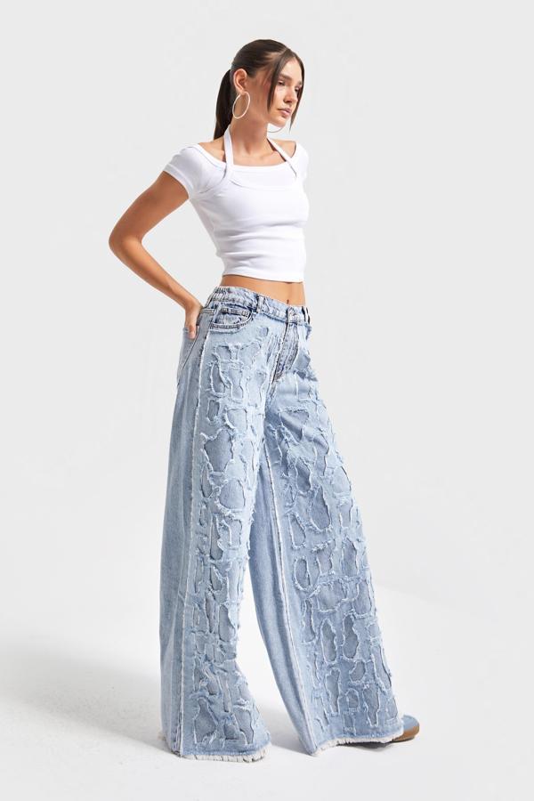 Kadın Ice Kot Rengi Yıpratma Detaylı Kumaş Özel Tasarım Palazzo Fit %100 Koton Denim Jean - Image 1
