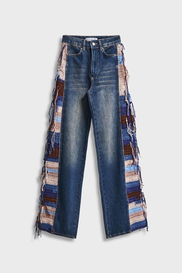 Kadın Kot rengi 2w5-8 Flare Palazzo Fit Etnik Örme Detaylı Viskon Kumaş Özel Tasarım Denim Jean - Image 1