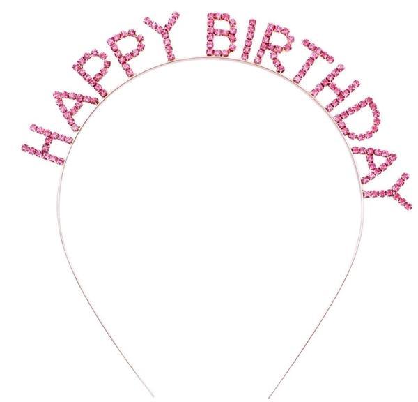 Pembe Renk Kristal Taşlı Gold Renk Kaplama Happy Birthday Taç 16x17 Cm - Image 1