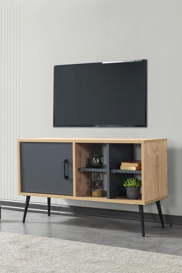 Evmo Home 3109 Şile Metal Ayaklı Metal Kulplu 100 Cm Tv Ünitesi - Antrasit Safir - Image 1