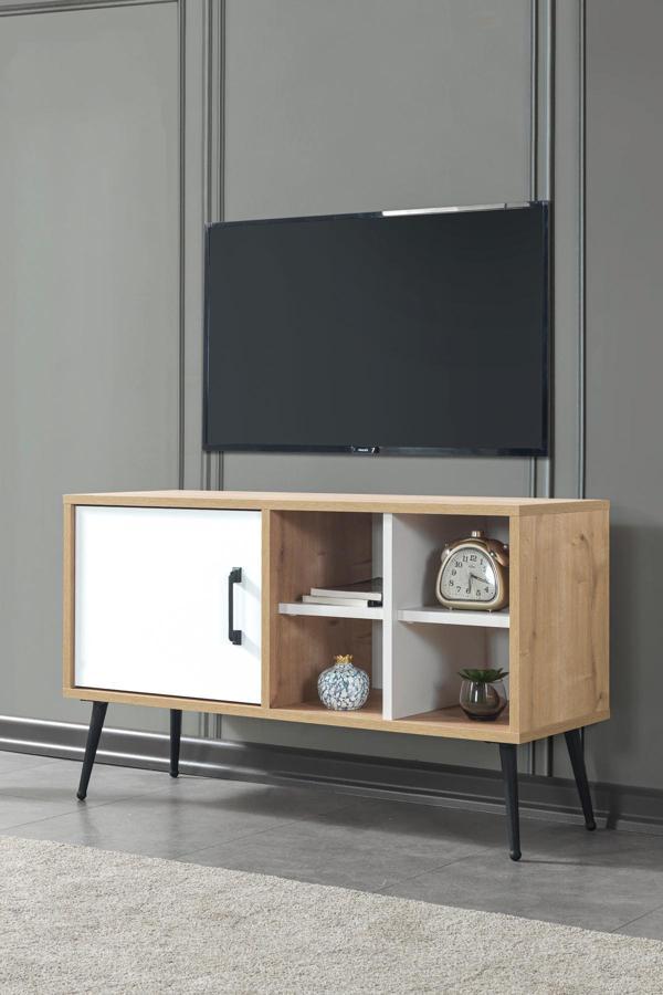 Evmo Home 3111 Şile Metal Ayaklı Metal Kulplu 100 Cm Tv Ünitesi - Beyaz Safir - Image 1